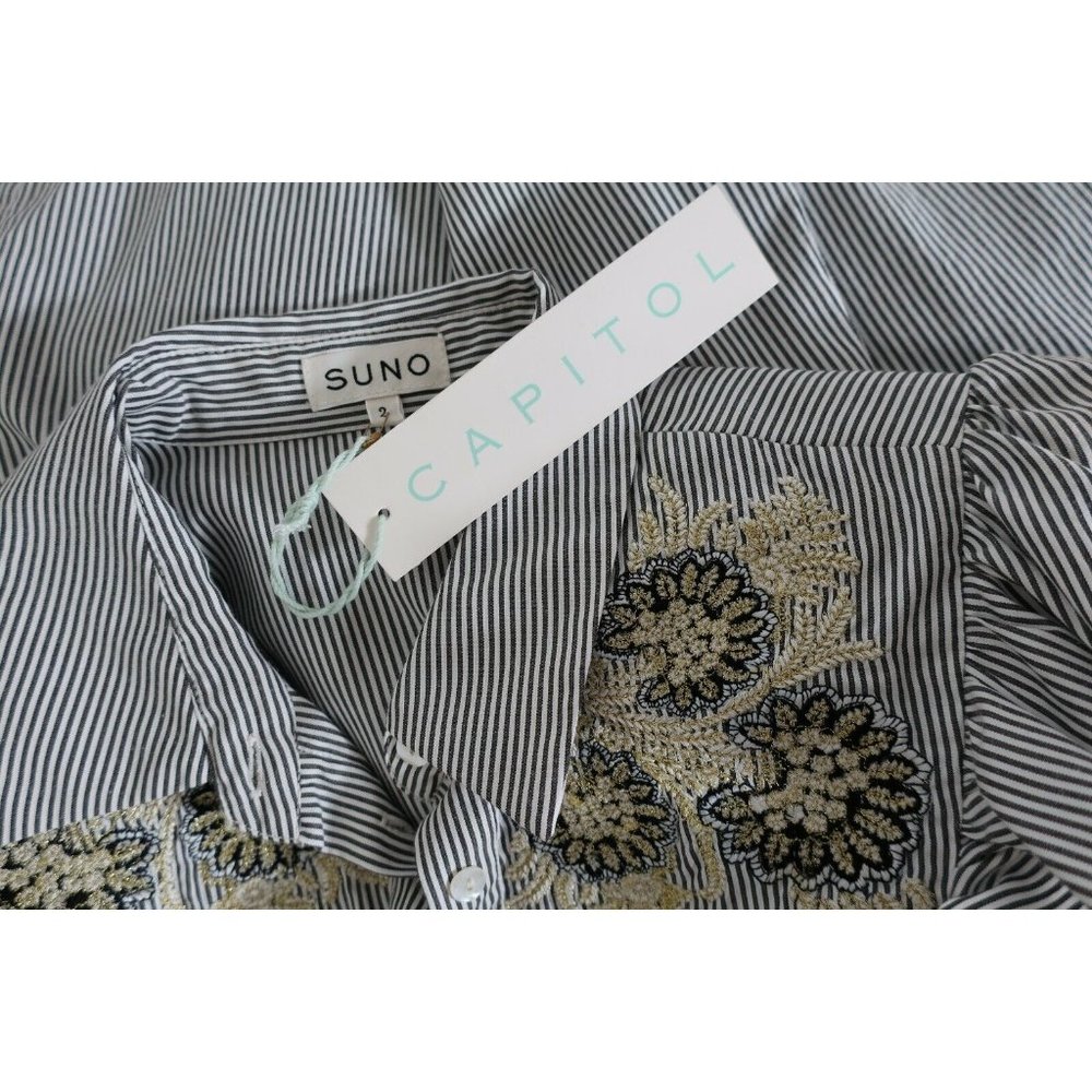 Suno NWT Grey Embroidered Metallic Shirt 2 Ruffle Button Longsleeve Blouse Top - Picture 5 of 6